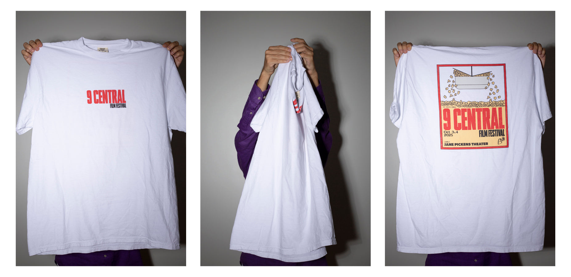 A three photo sequence of a satisfied Frontside Factory customer displaying the front and back of his custom event tee shirt hand printed in Fall River MA